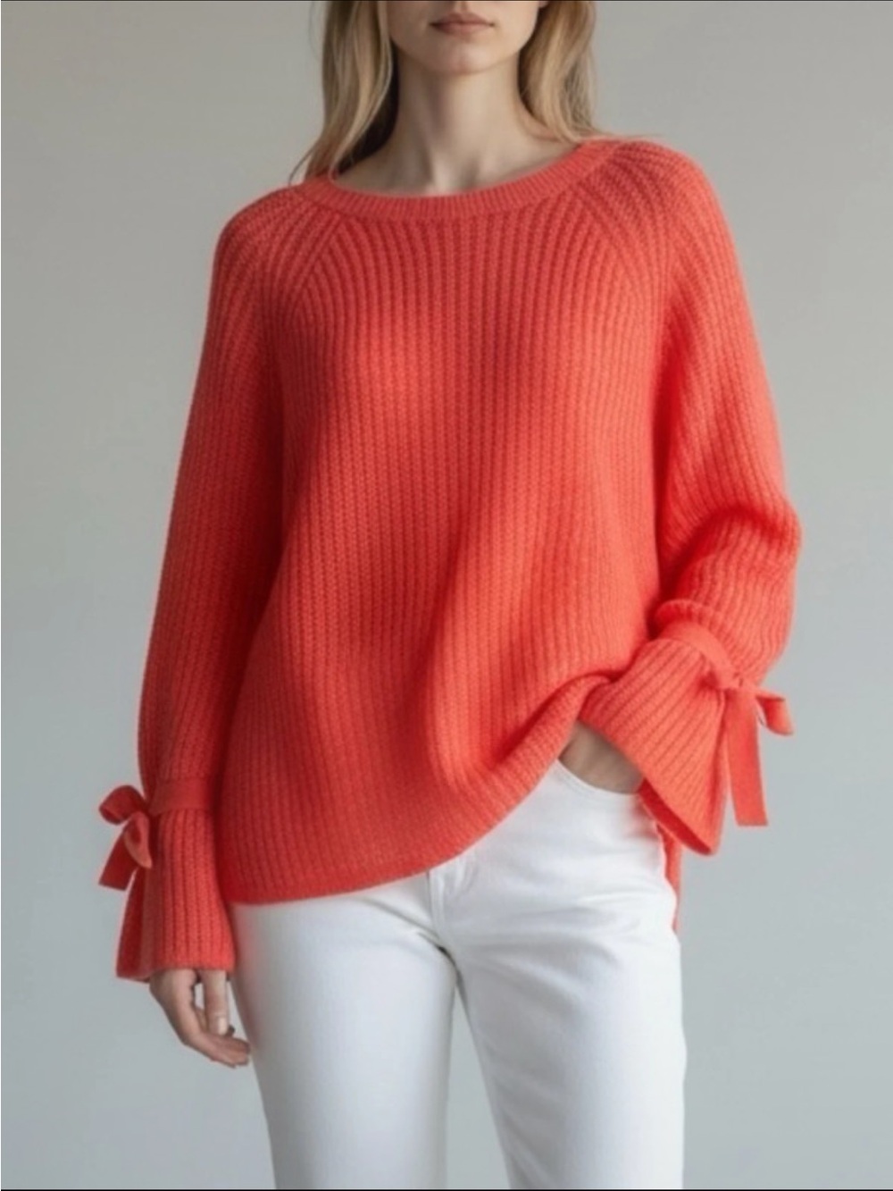 Project Naadam Sweater Tie Bow Bell Sleeve Scoop Neck Bright Coral Chunky Knit M